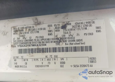 2021 Ford Transit-350 Passenger Van Xlt z USA, uszkodzony, nr VIN 1FBAX2Y87MKA32304